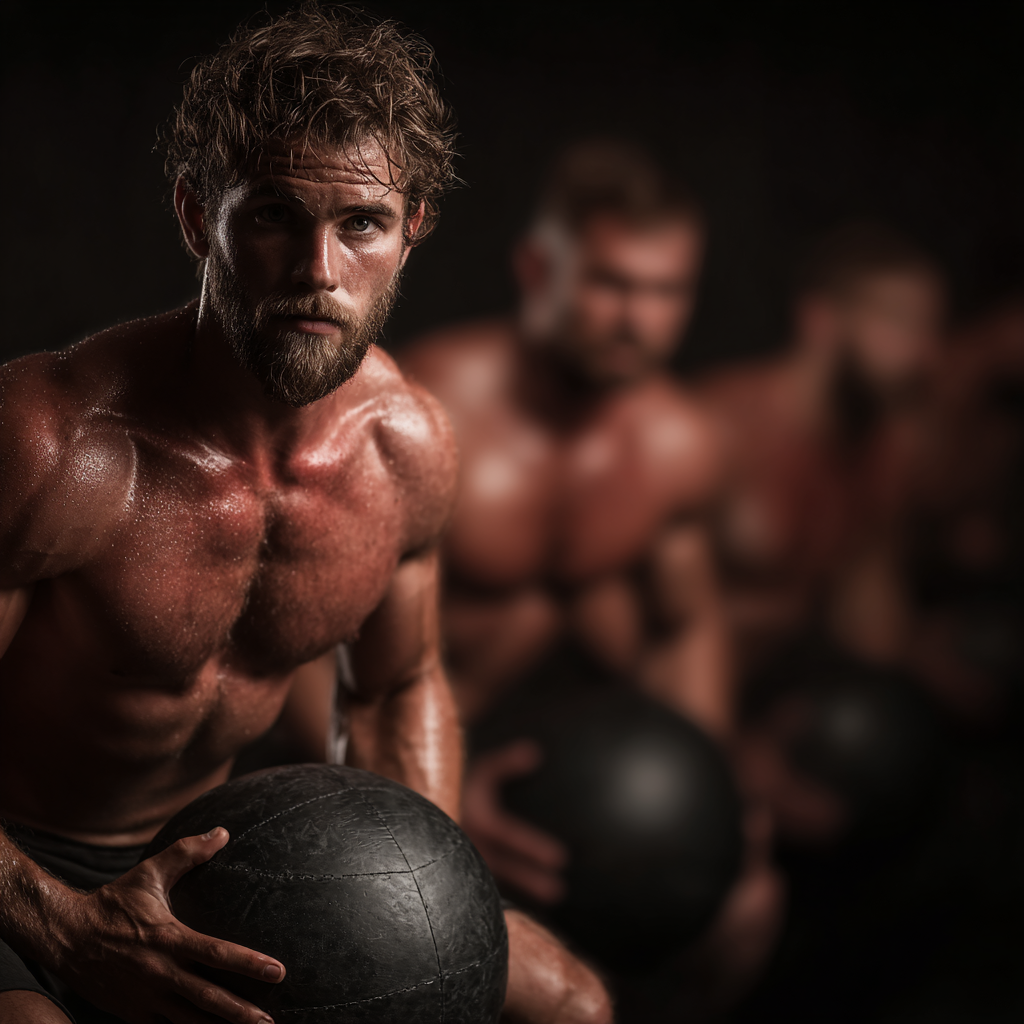 Група спортивних чоловіків виконує інтенсивні вправи з медболом